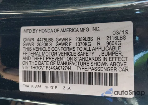 2019 Honda Accord Sport z USA, uszkodzony, nr VIN 1HGCV1F34KA072744